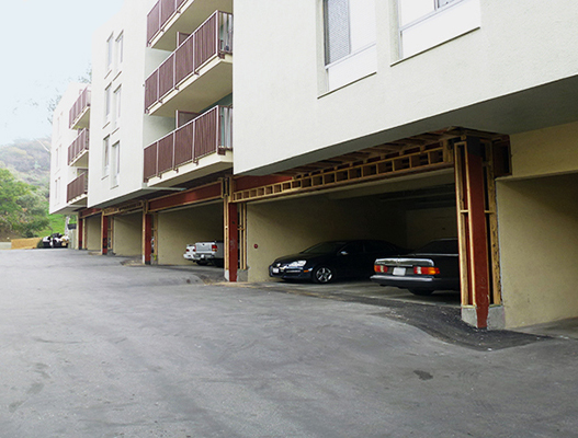 a parking lot in front of a building